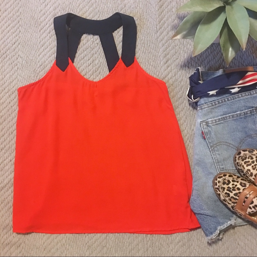 Red Sleeveless Blouse with Navy Straps - Picture 1 of 8